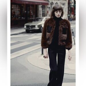 NWT Zara Faux Fur Jacket with Wool Pockets Detail Brown/ Black Size S